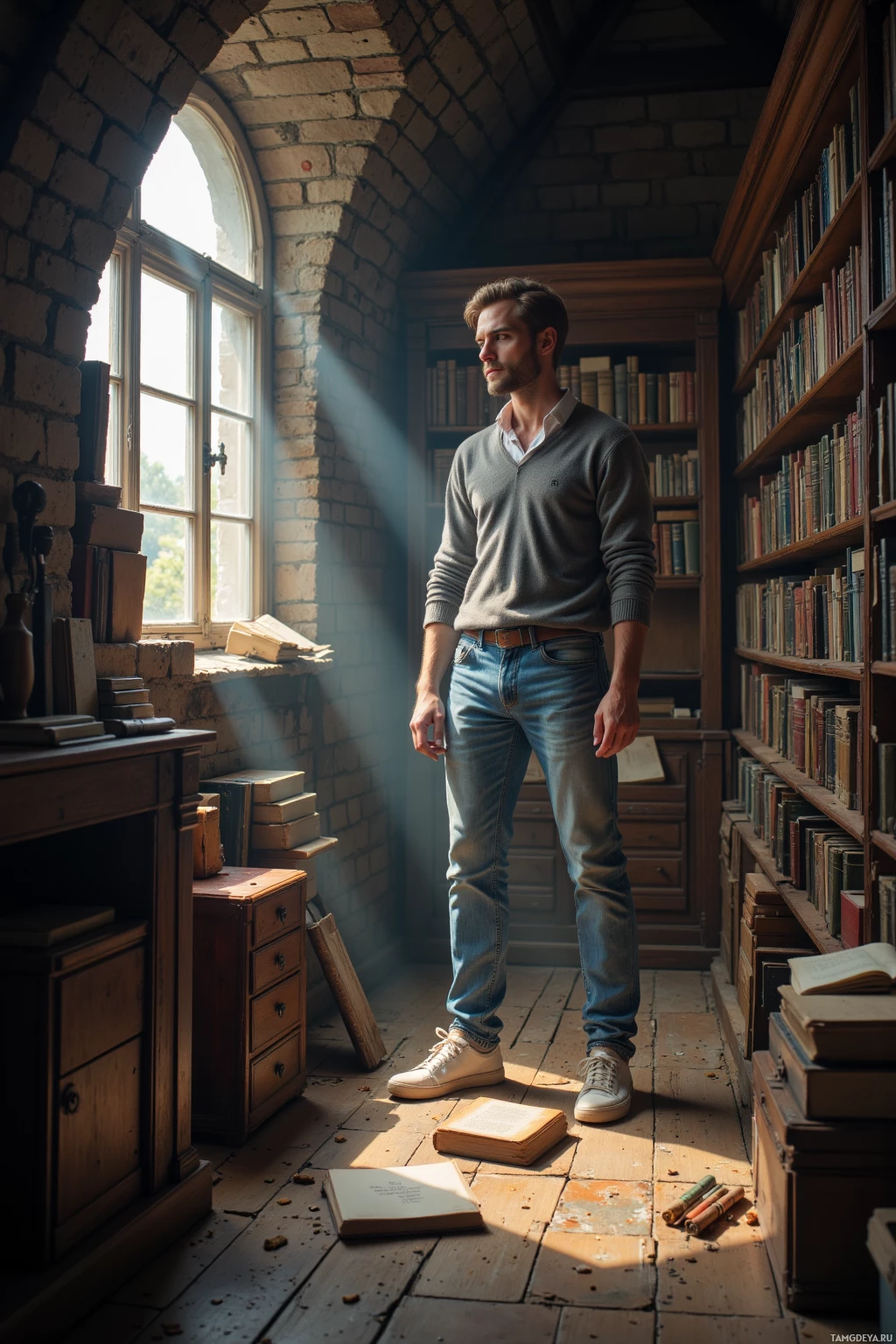 A man stands in a sunlit library with books and shelves surrounding him.
