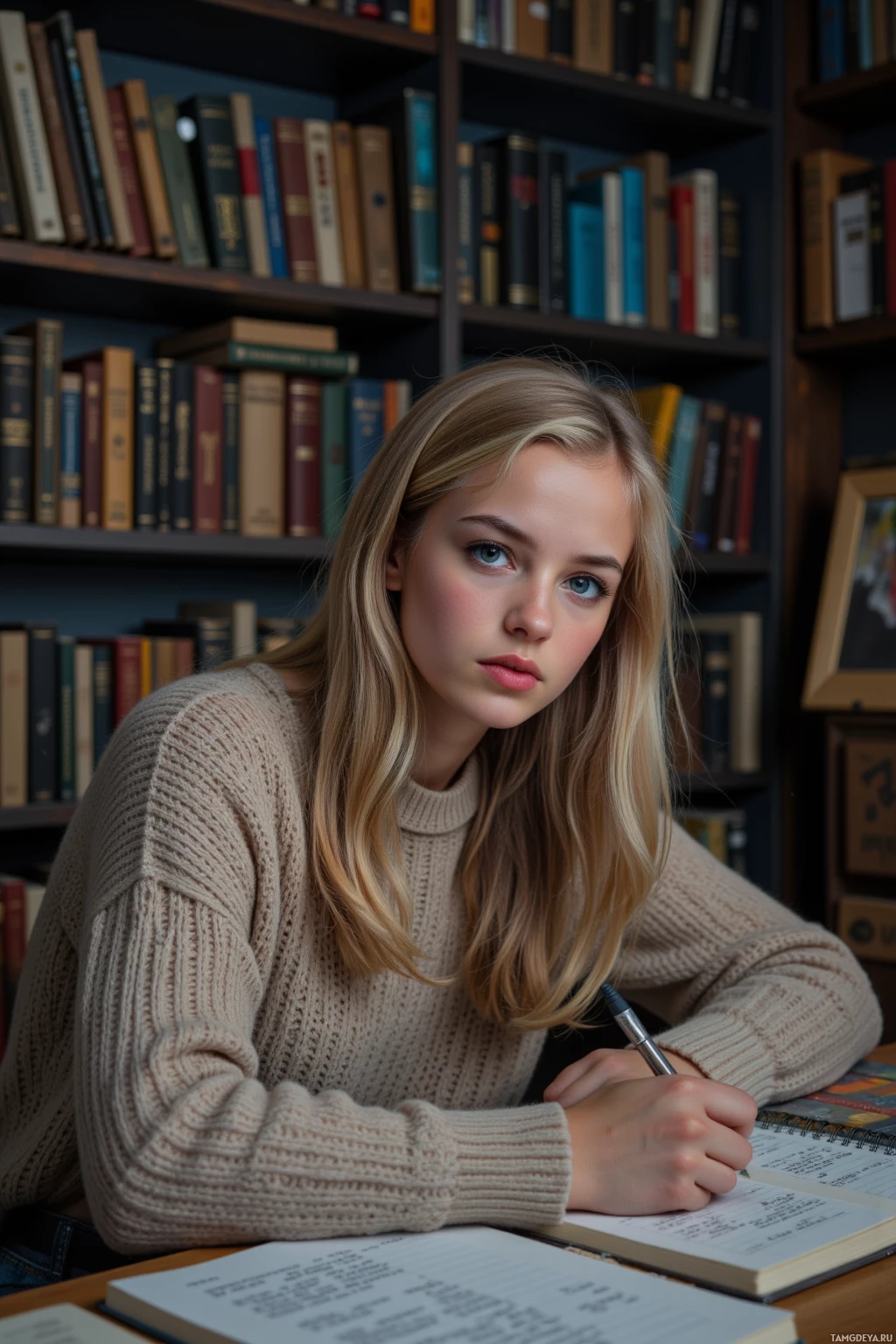 A young woman is sitting at a desk in a library, writing in a notebook.