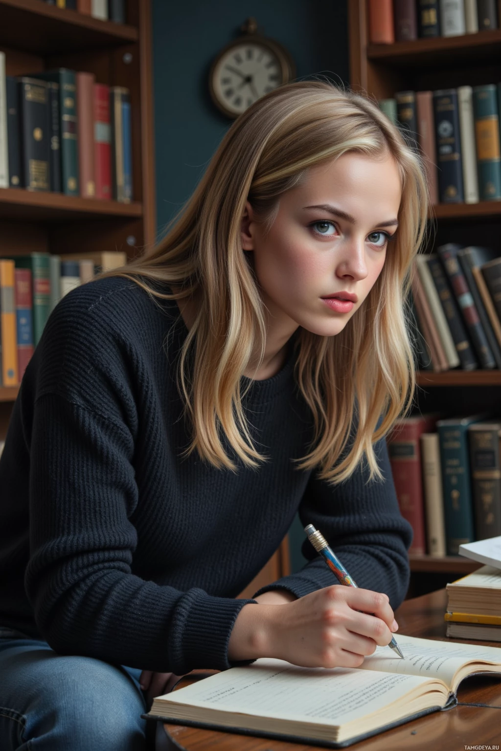 A person is sitting at a desk in a library, writing in a notebook.