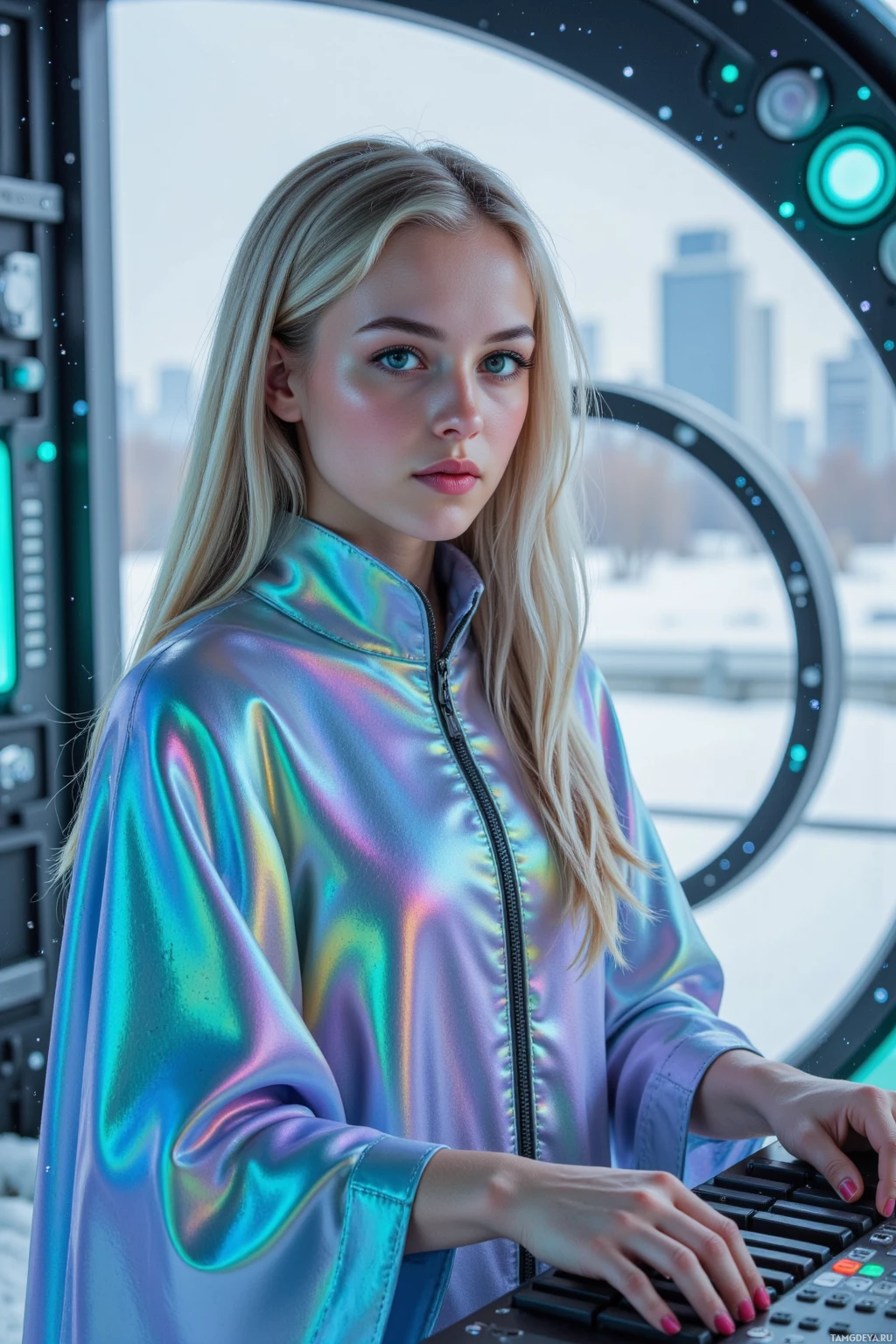 A person in a reflective jacket stands in front of a futuristic control panel.