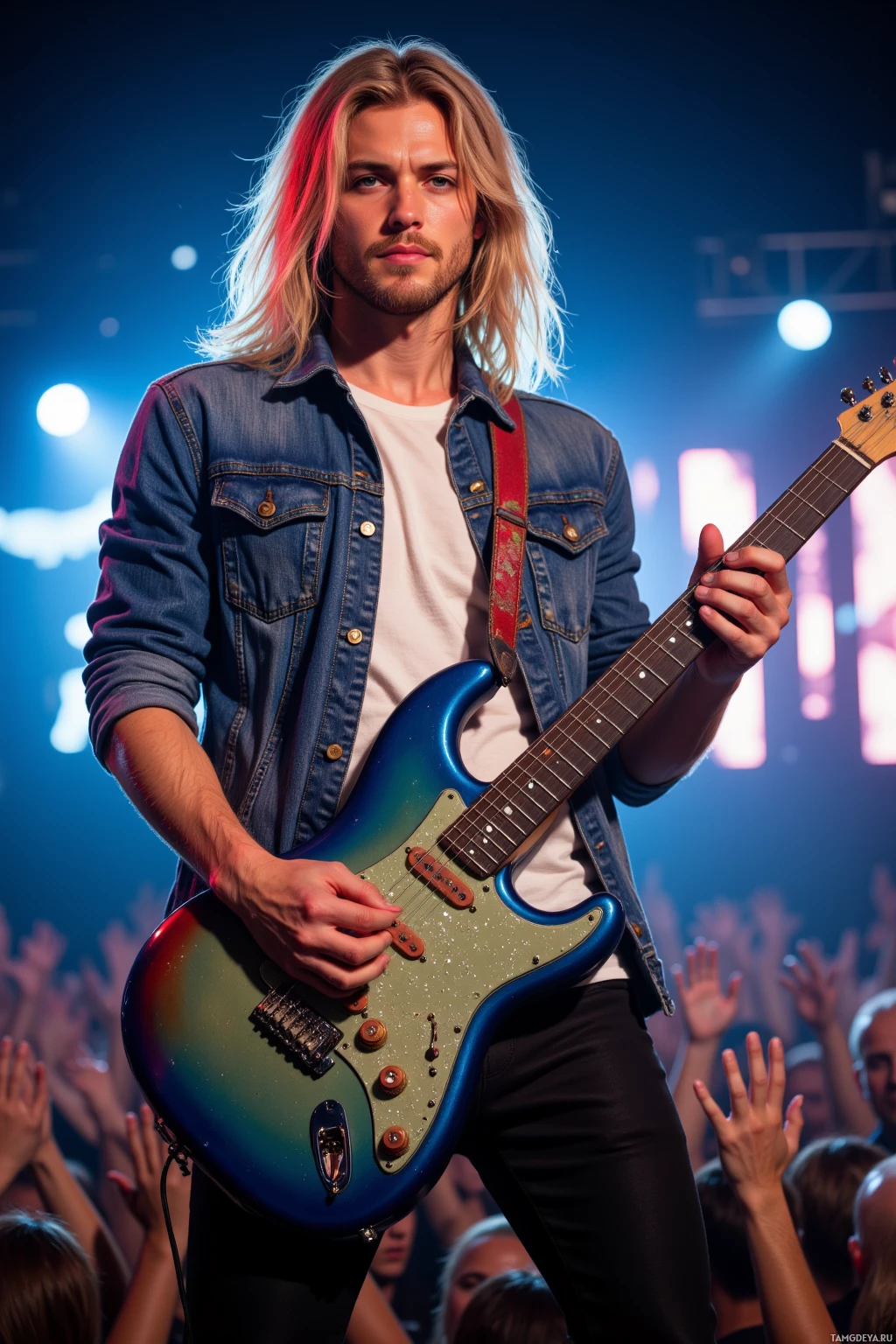A musician with long hair plays a blue electric guitar on stage in front of a crowd.