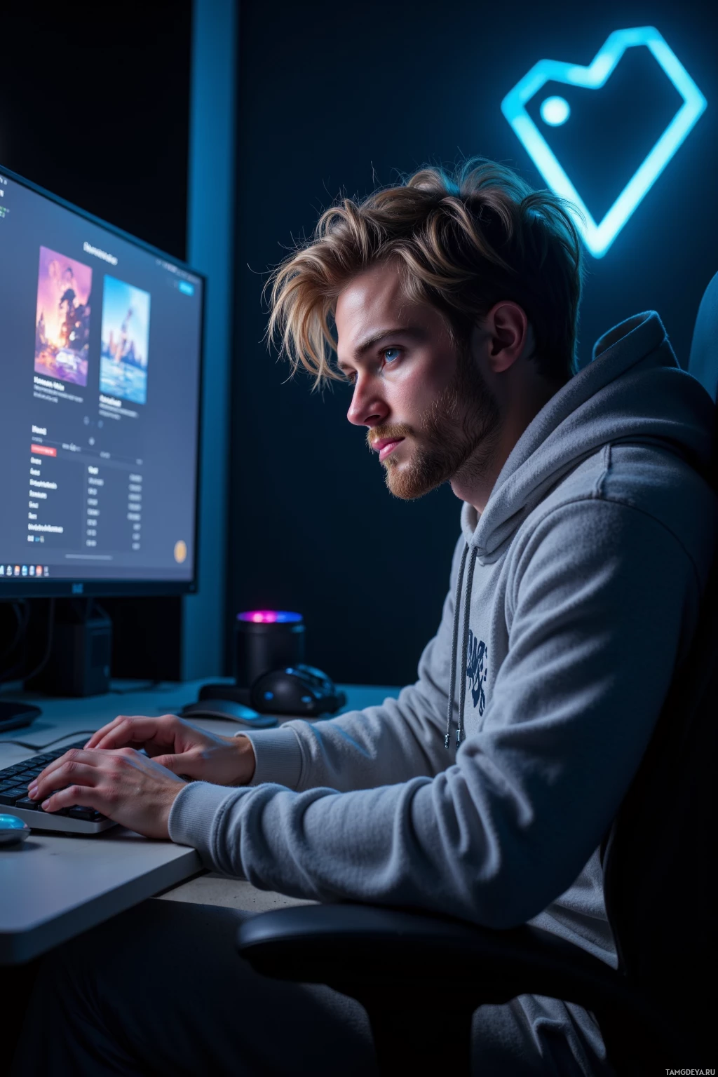 A person in a hoodie is sitting at a desk, working on a computer.