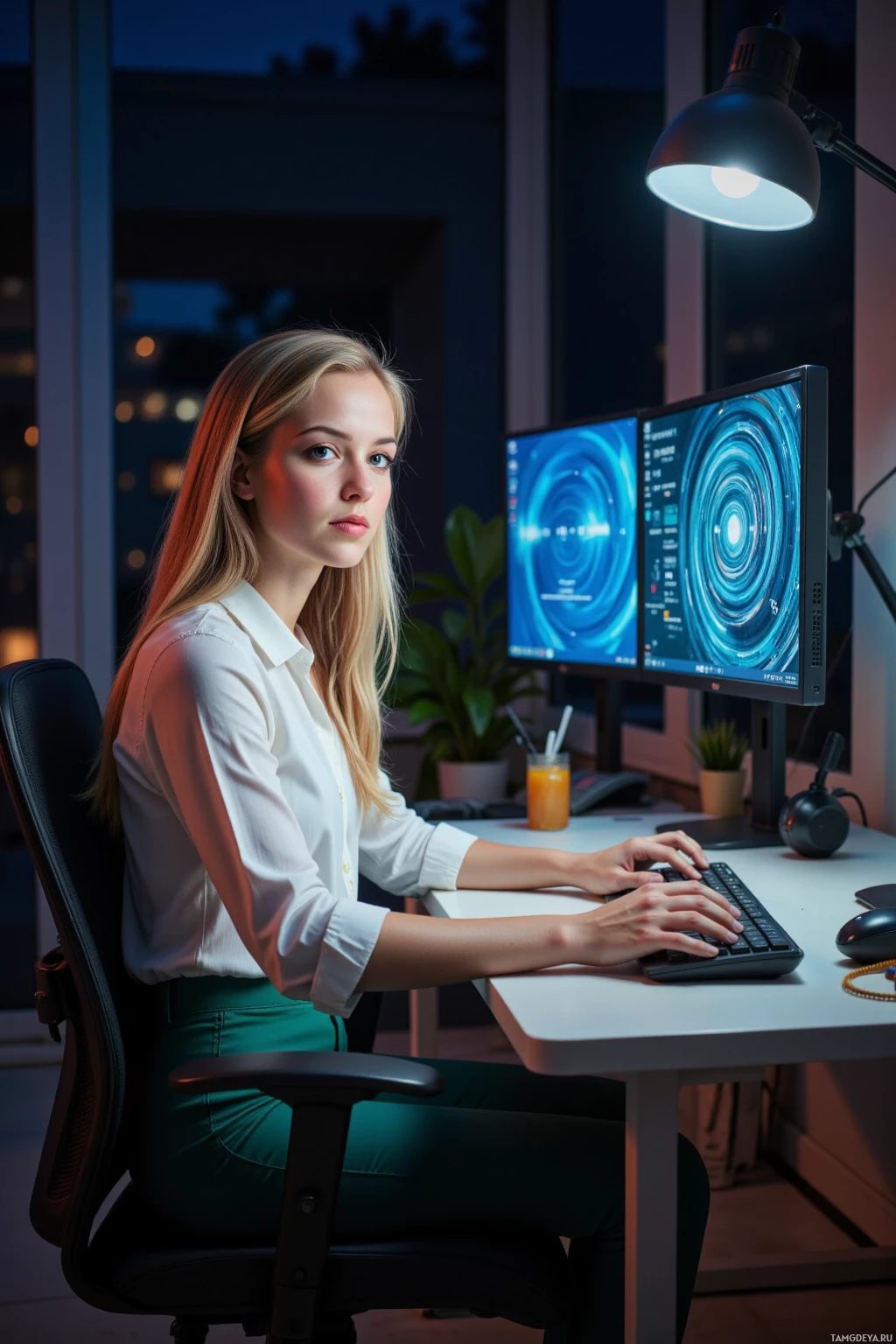A woman is seated at a desk working on a computer in a dimly lit room.