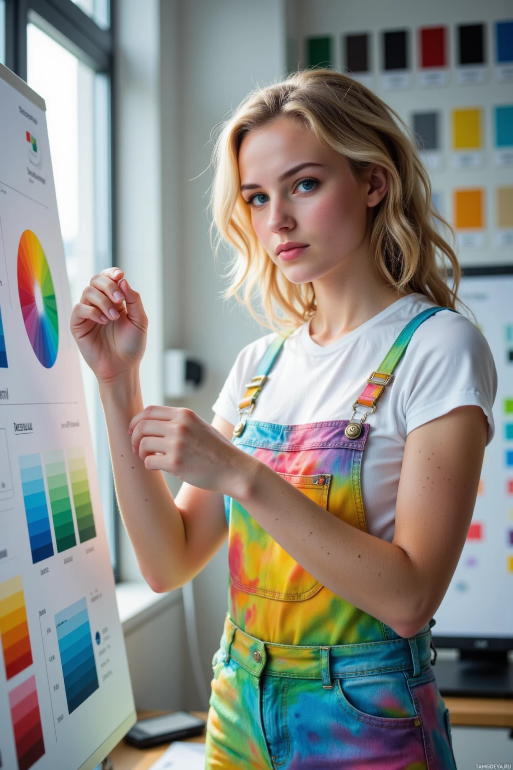 A person wearing tie-dye overalls stands in front of a computer monitor displaying a color wheel and other graphics.