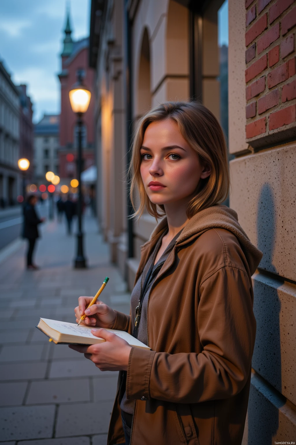 A person in a brown jacket leans against a brick wall, holding a notebook and pencil.