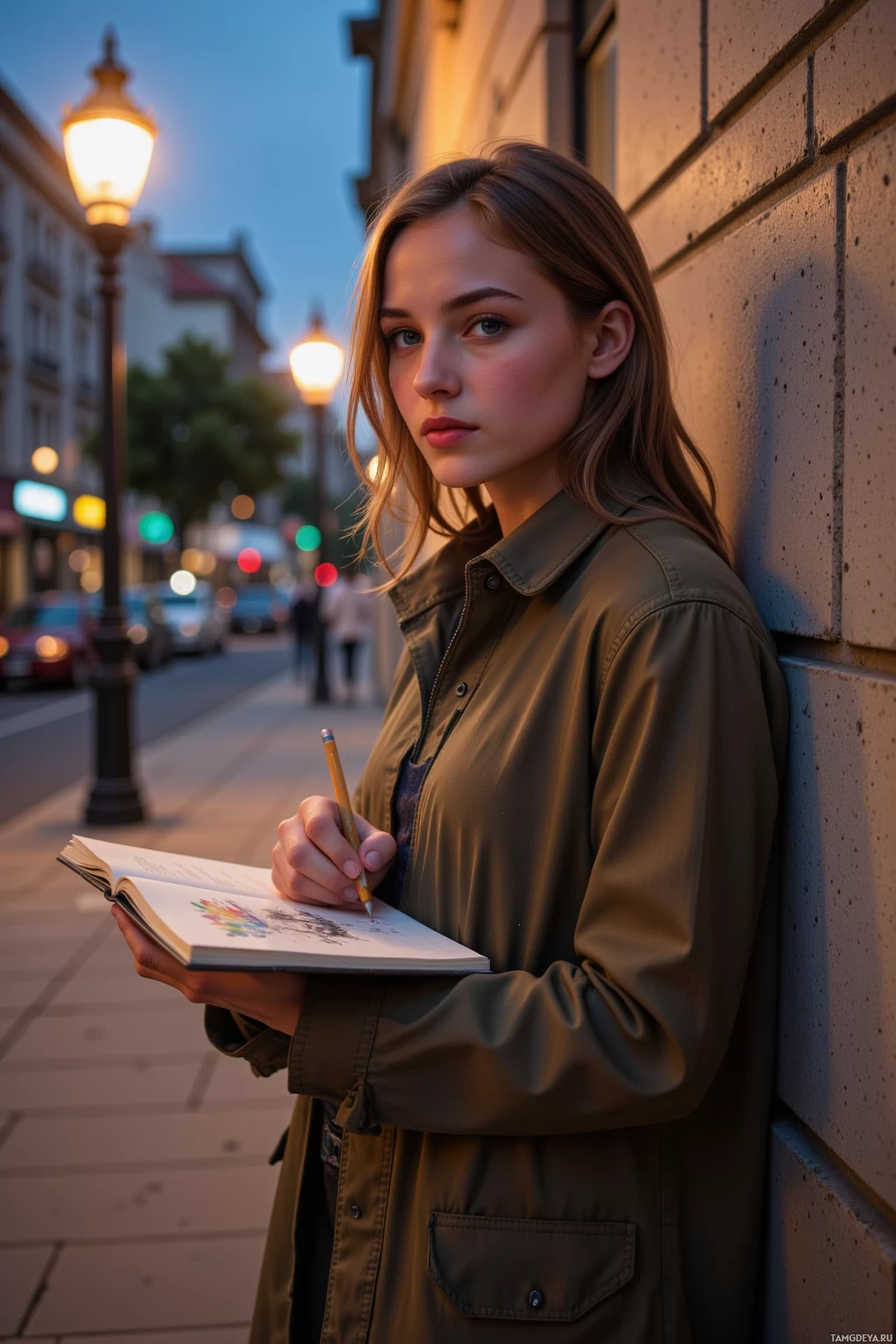 A person leans against a wall, holding a notebook and pencil, with a street scene in the background.