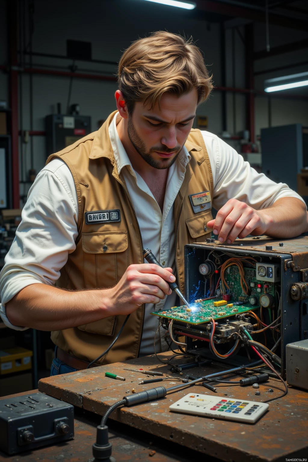 A man is working on a circuit board with a soldering iron in a workshop setting.