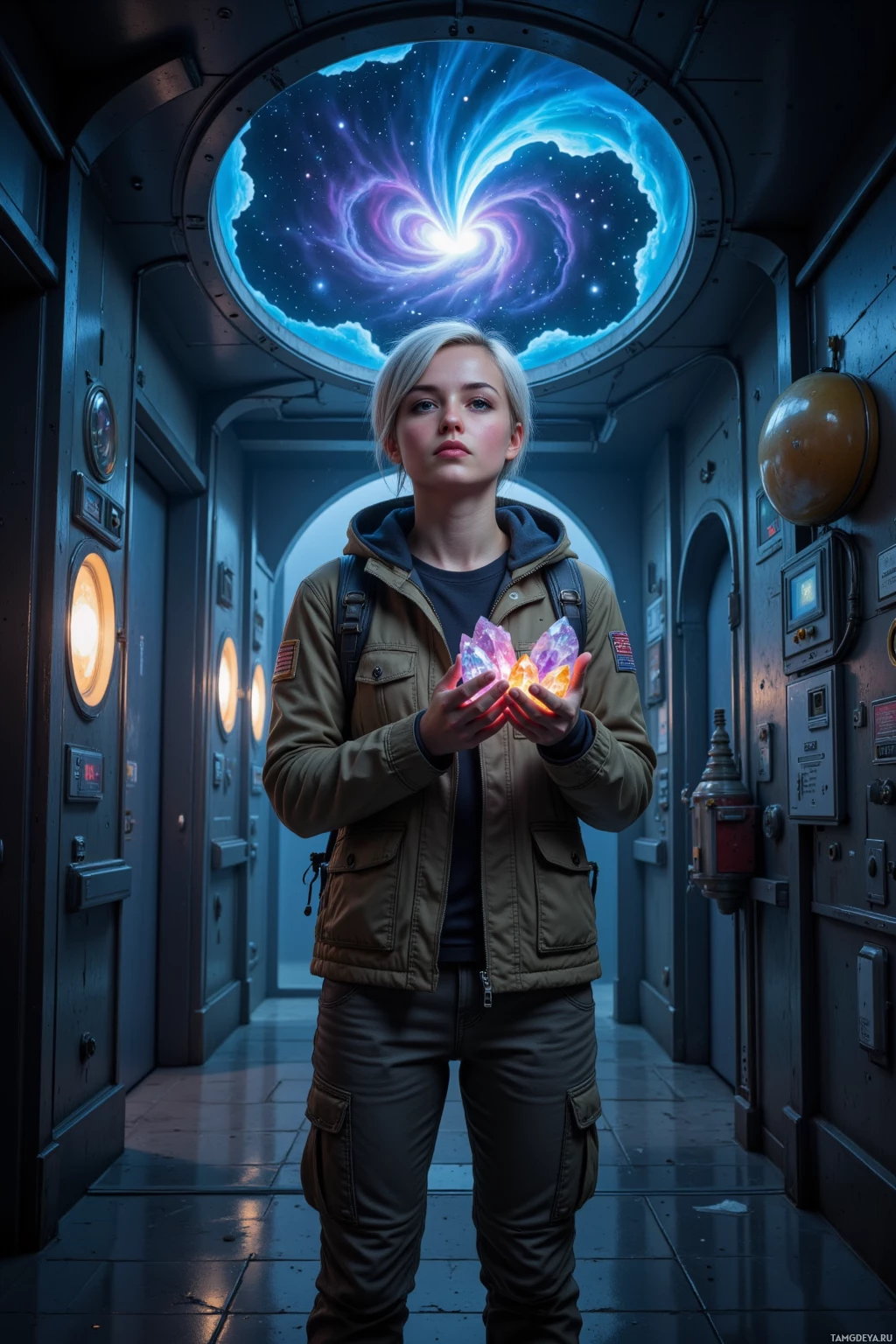 A person stands in a futuristic corridor holding glowing crystals, with a cosmic sky visible through a circular window above.