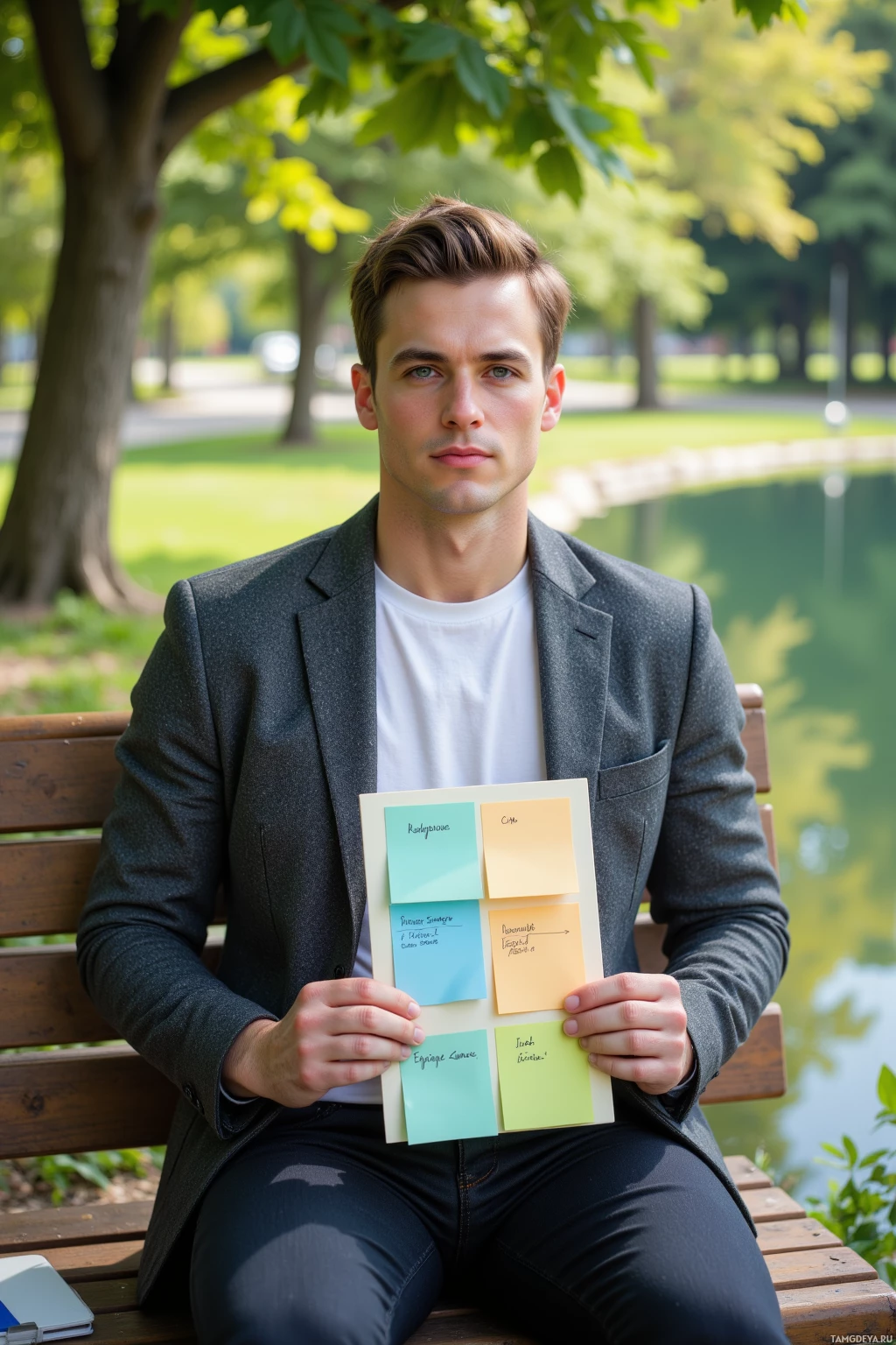 A person sits on a bench in a park, holding a stack of sticky notes.