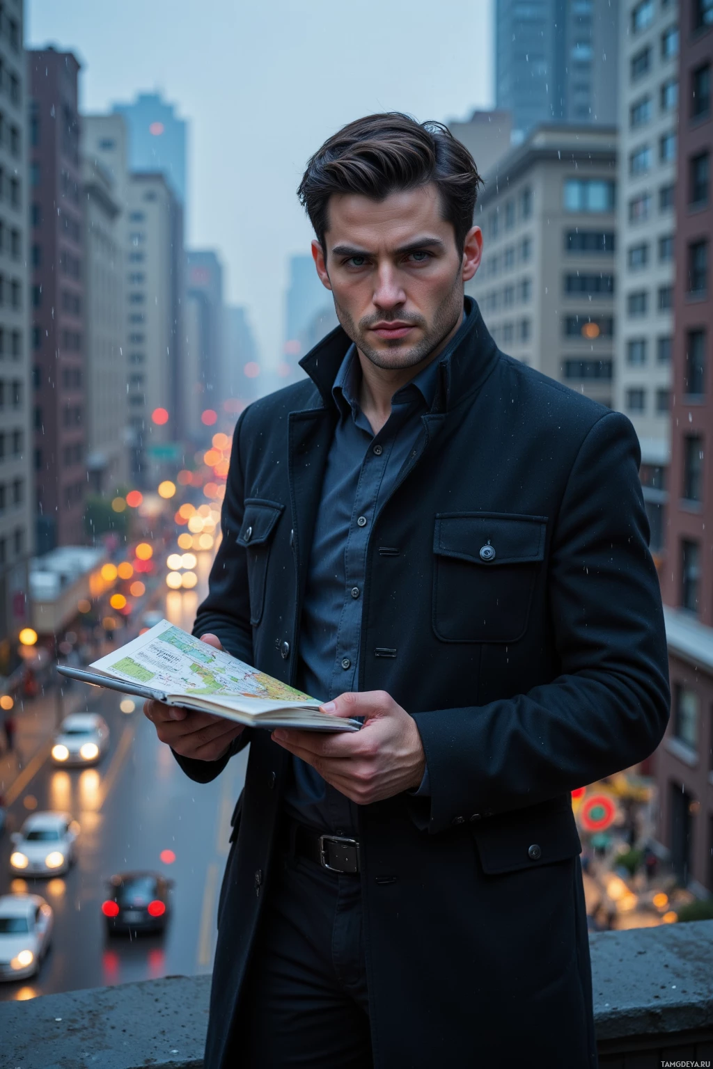 A man in a black coat stands on a rooftop holding a map, with a cityscape and rain in the background.
