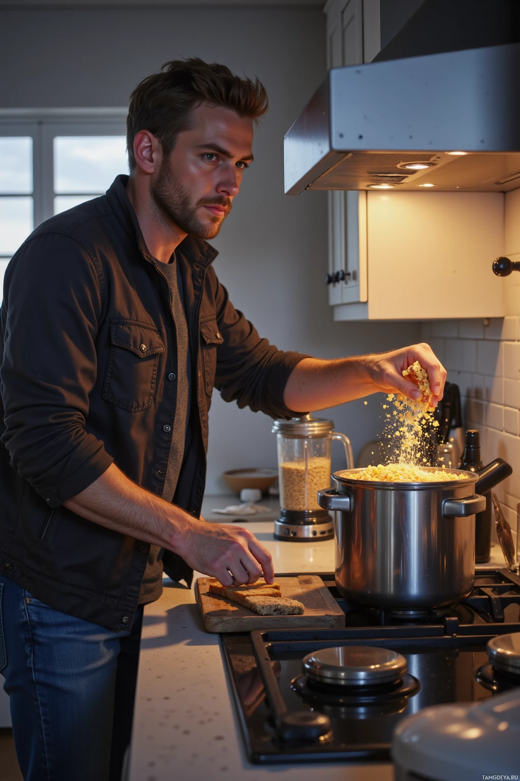 A man is cooking in a kitchen, sprinkling ingredients into a pot on the stove.