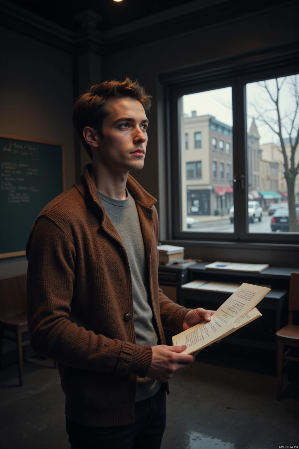 A man stands in a classroom holding an open book, looking out the window.