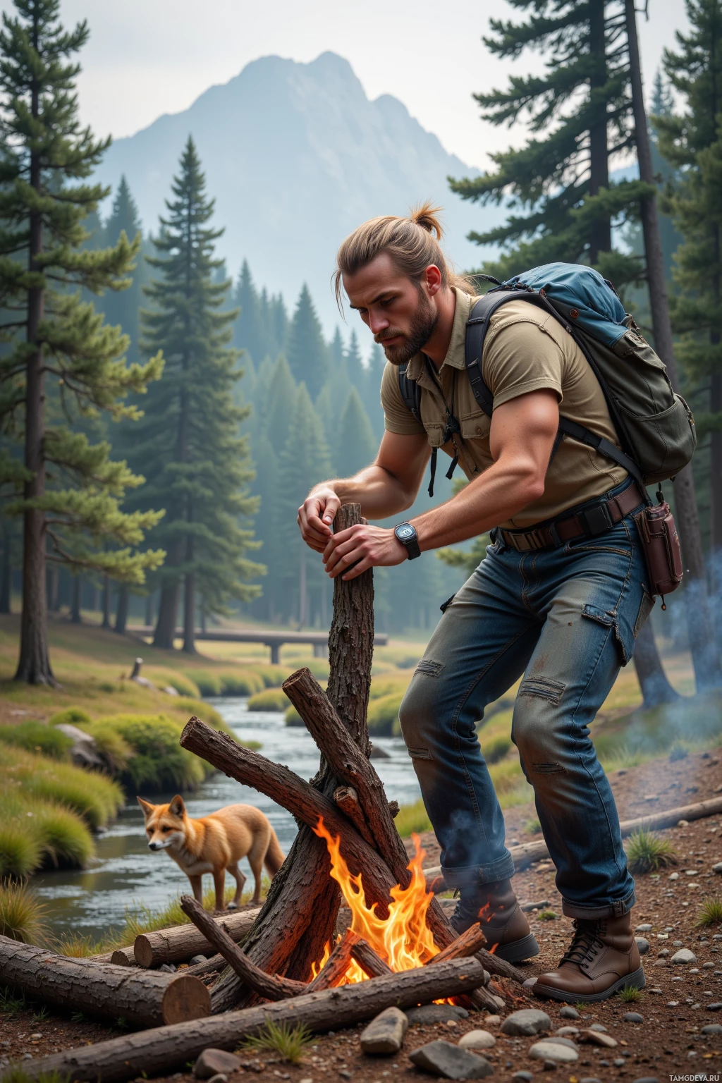 A man with a backpack stands by a campfire with a fox nearby, surrounded by a forest and a river.