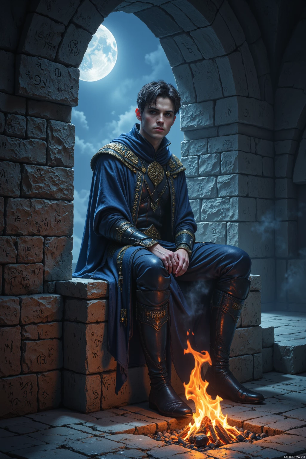 A person in medieval attire sits by a fire in a stone-walled alcove under a full moon.