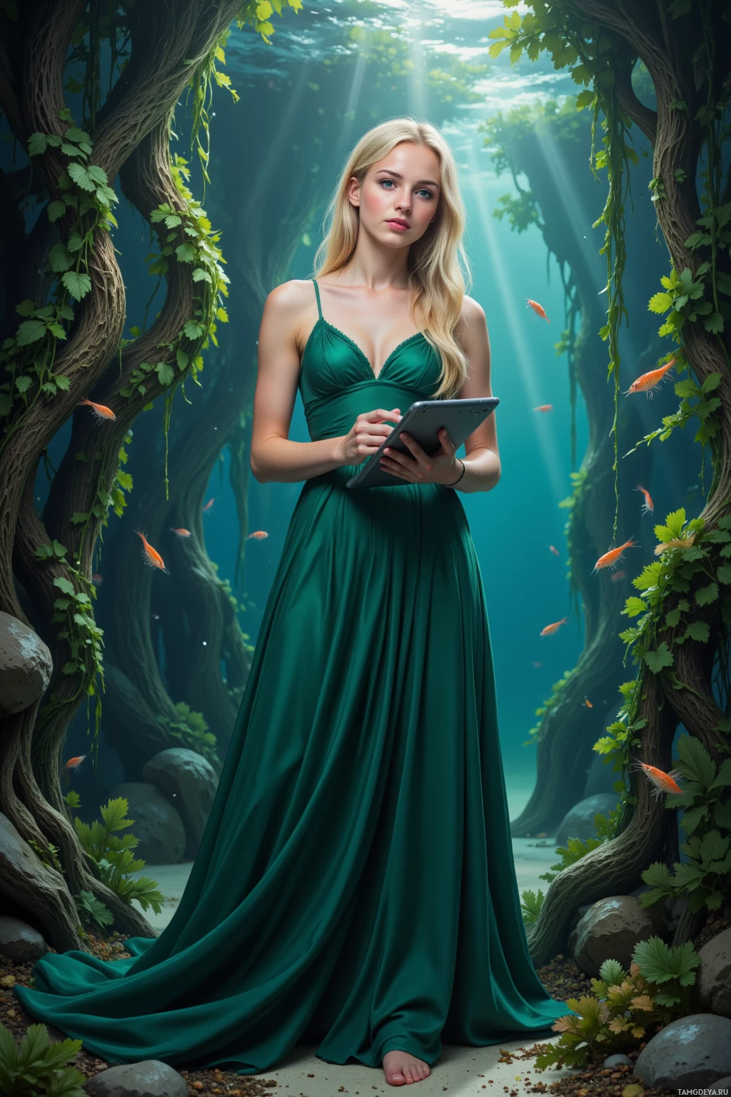 A woman in a green dress stands in an underwater scene with sunlight filtering through.