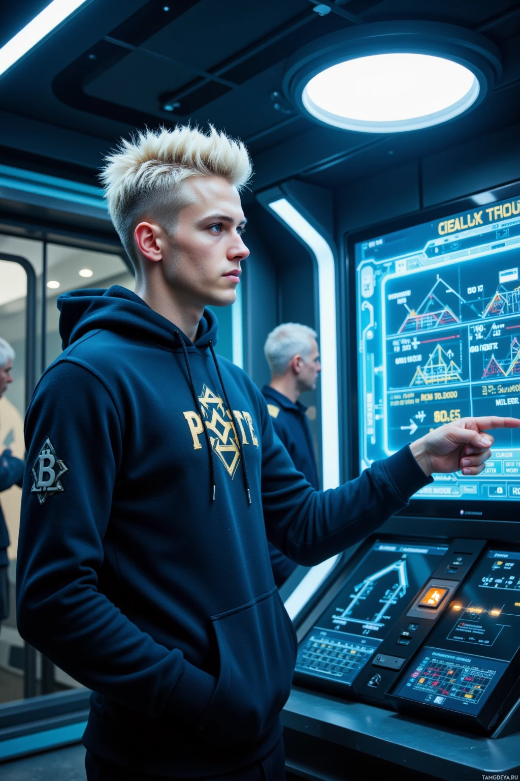 A person in a hoodie stands in a futuristic setting, interacting with a high-tech control panel.