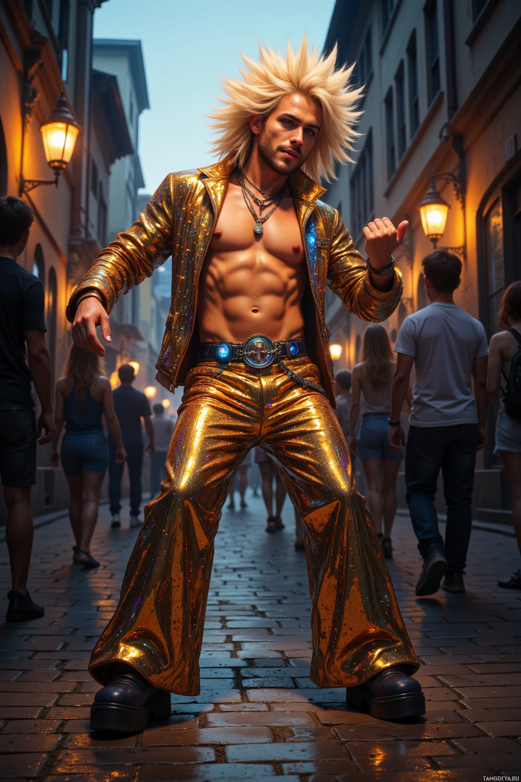 A person in a shiny gold outfit dances on a cobblestone street.