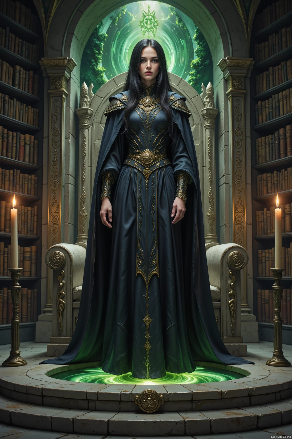 A woman in an ornate, dark gown stands in a library with a glowing green portal behind her.