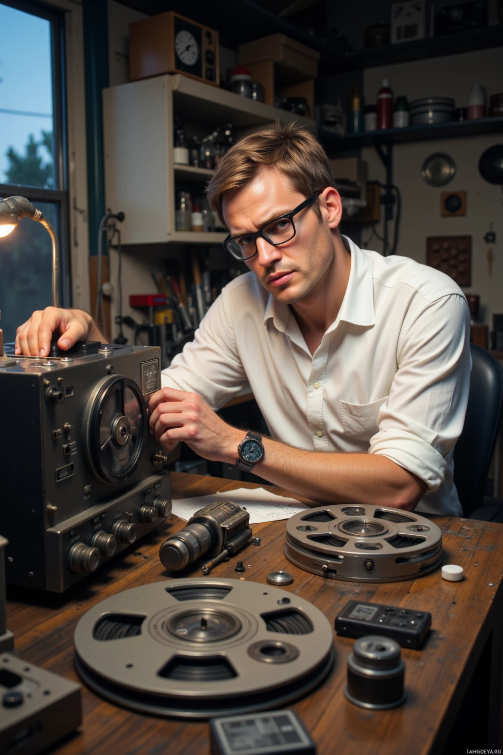 A man in a workshop setting, working with vintage audio equipment.