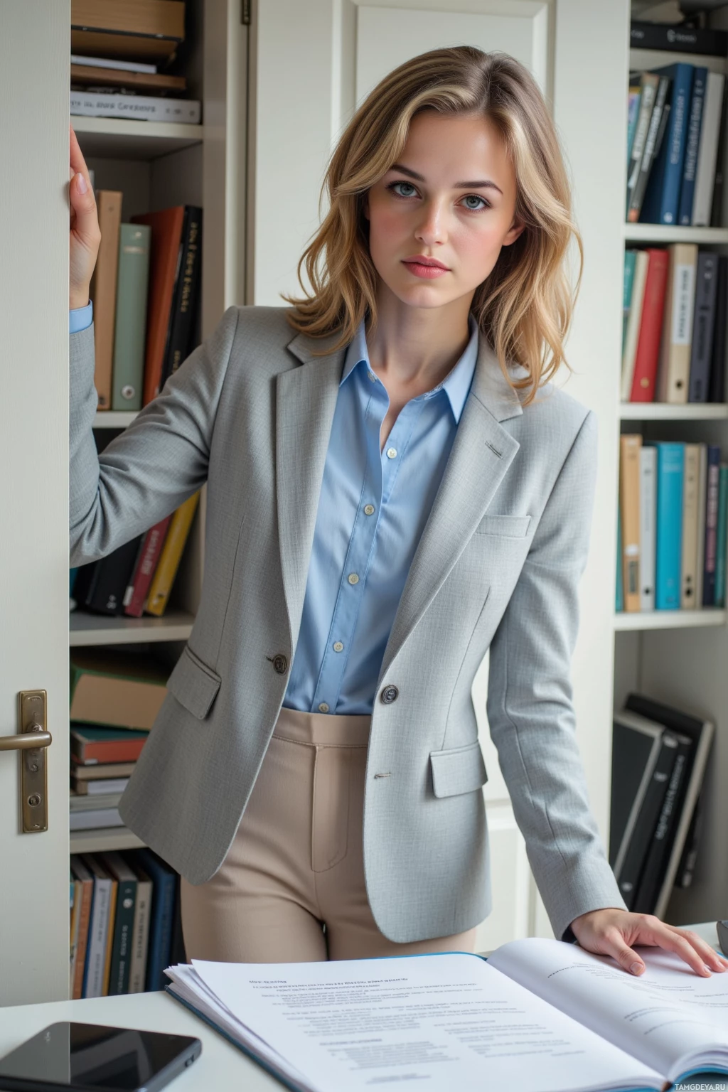 A woman in a professional outfit stands in front of a bookshelf, leaning on a desk with an open book and a phone.