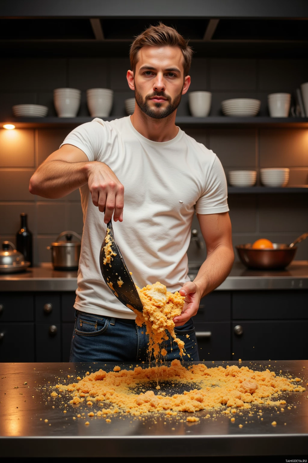 A man in a kitchen pours a yellowish substance from a pan onto a countertop.
