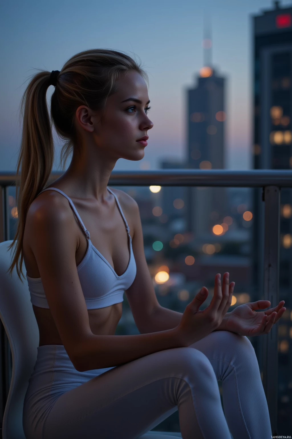 A woman in white yoga attire sits on a balcony, gazing out over a cityscape at dusk.