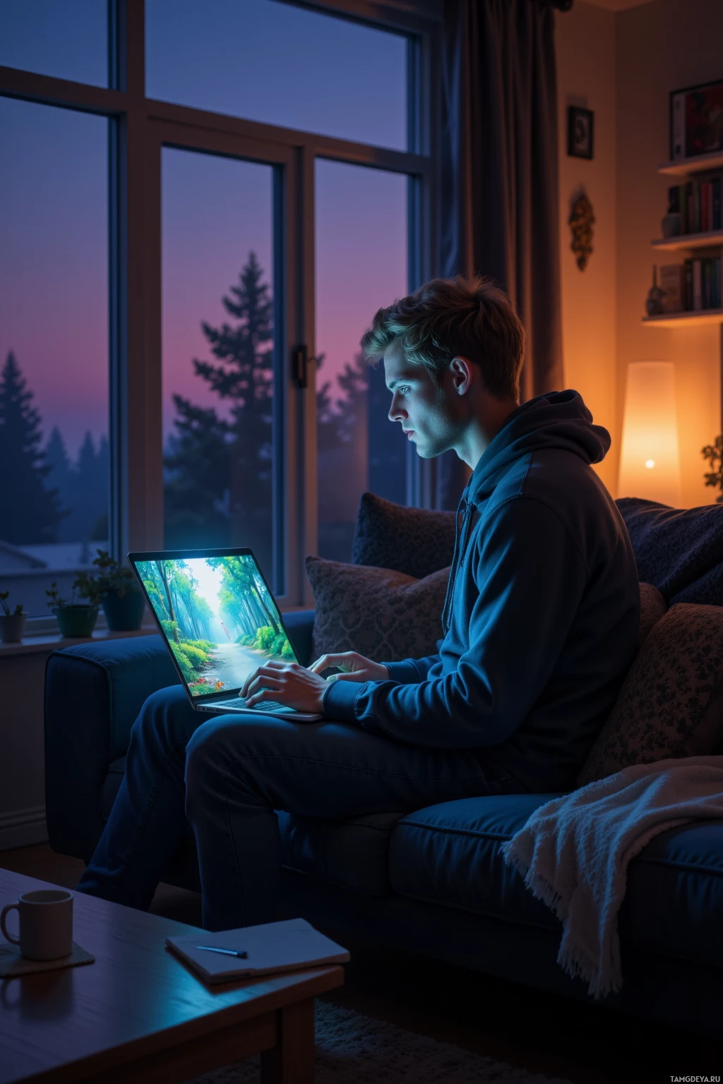 A person sits on a couch, using a laptop with a scenic image displayed on the screen, in a cozy room with a window showing a twilight sky.