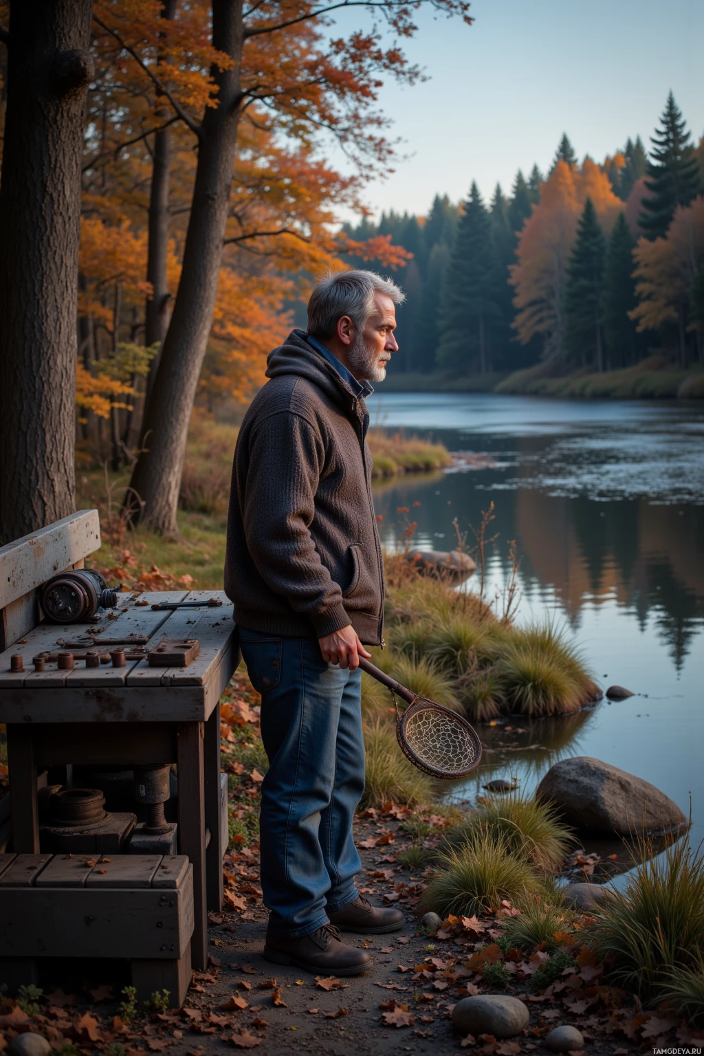 A man stands by a riverbank in autumn, holding a fishing net, surrounded by colorful foliage and a serene forest.
