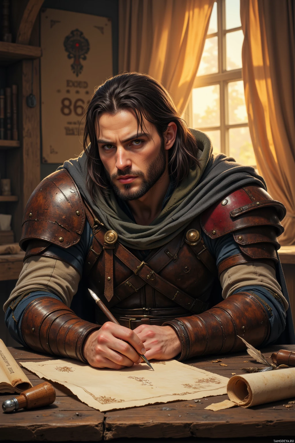 A man in medieval armor sits at a desk, writing with a quill.