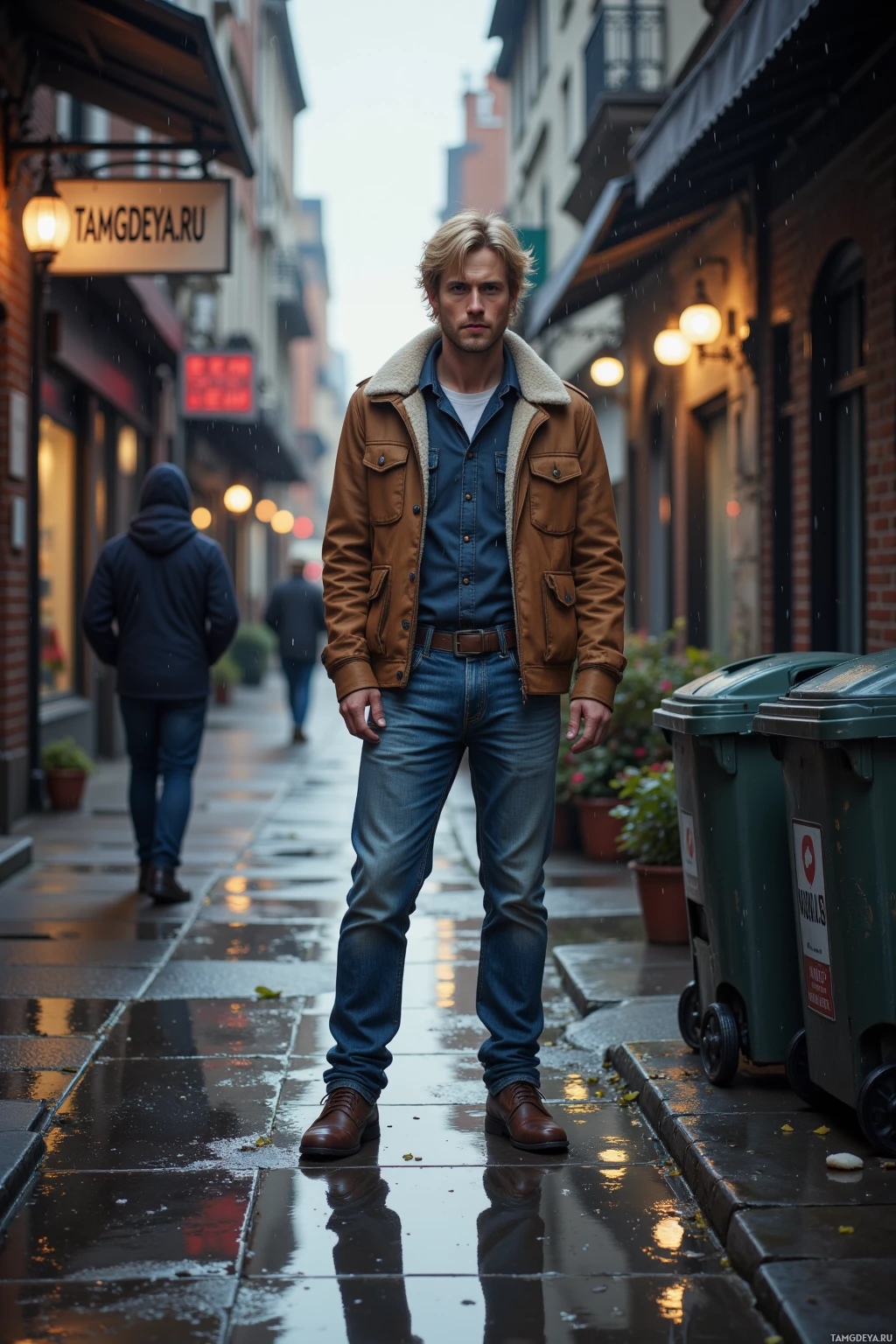 A man stands on a wet street in a city, wearing a brown jacket and jeans.