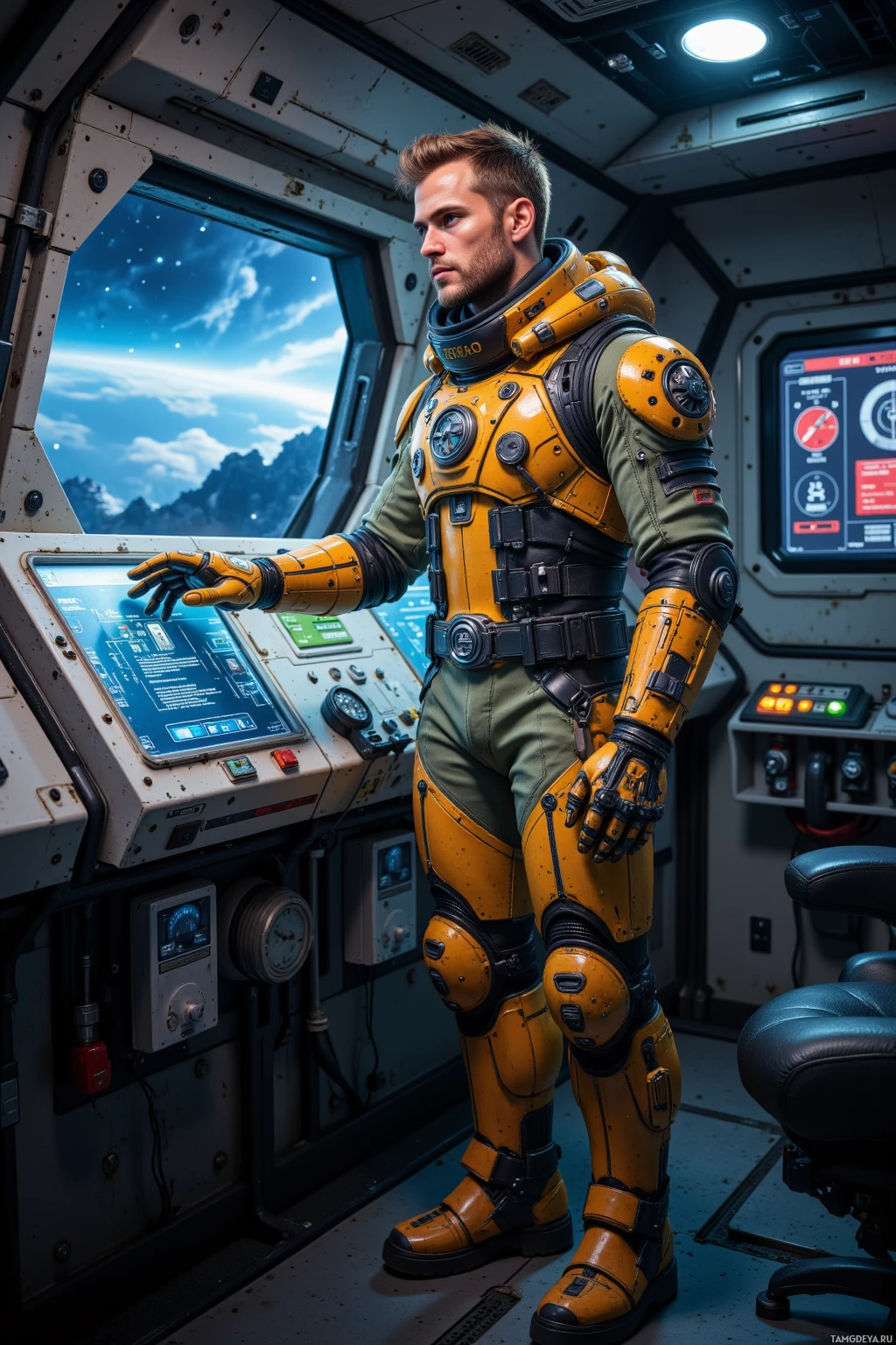 A person in a futuristic yellow and green spacesuit stands inside a spacecraft, interacting with a control panel.