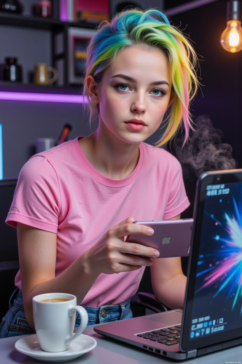 A person with colorful hair sits at a desk, holding a smartphone and using a laptop.