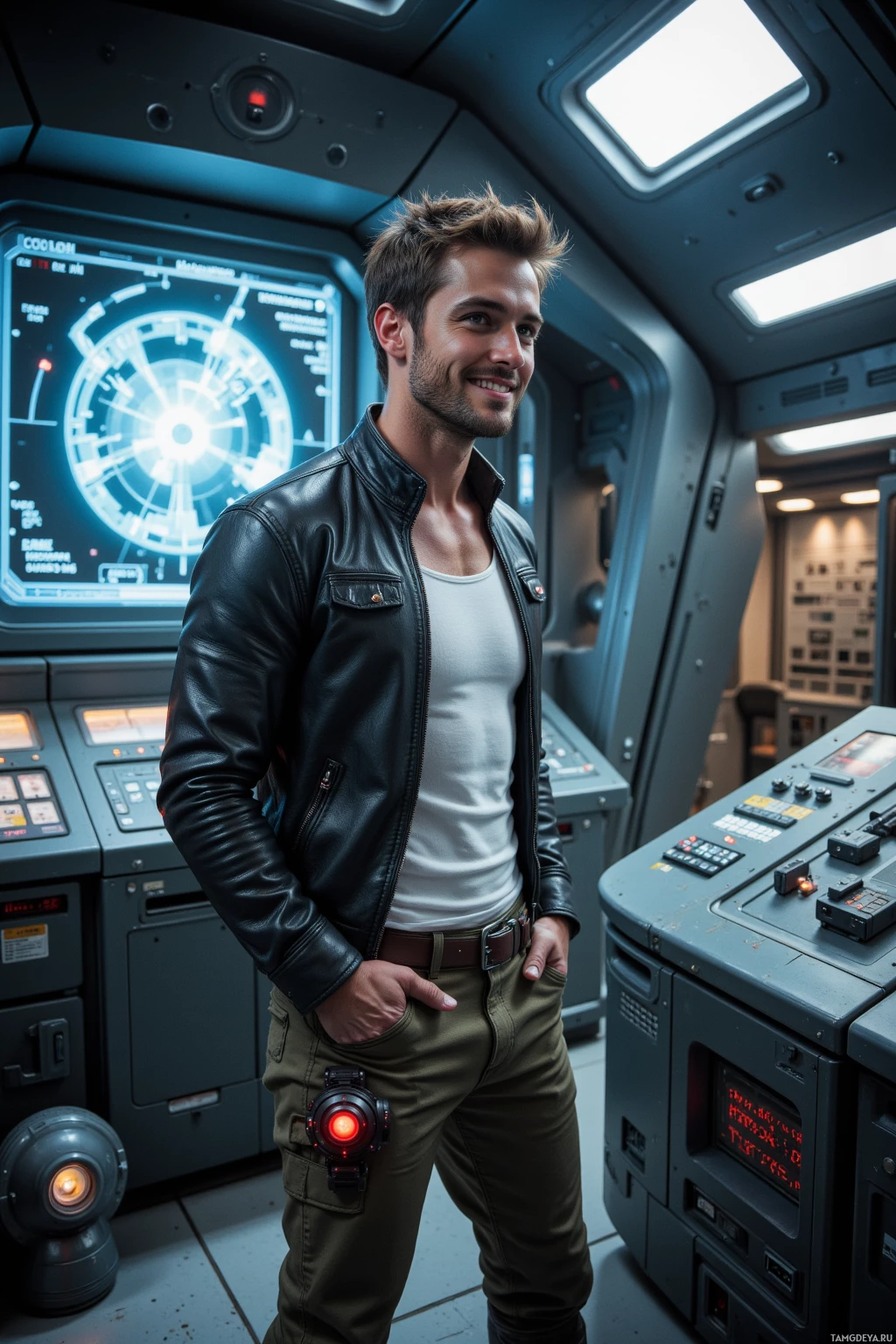 A man in a leather jacket stands in a futuristic control room with advanced technology.