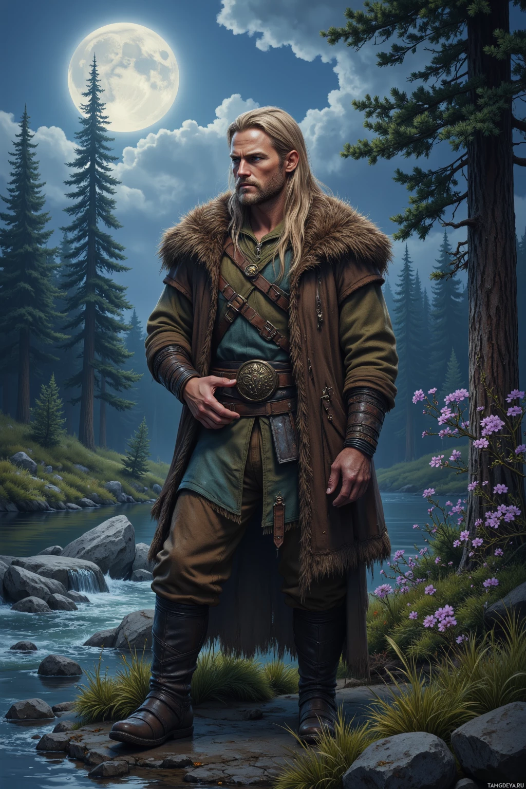 A man in a fur-trimmed cloak stands by a river under a full moon.