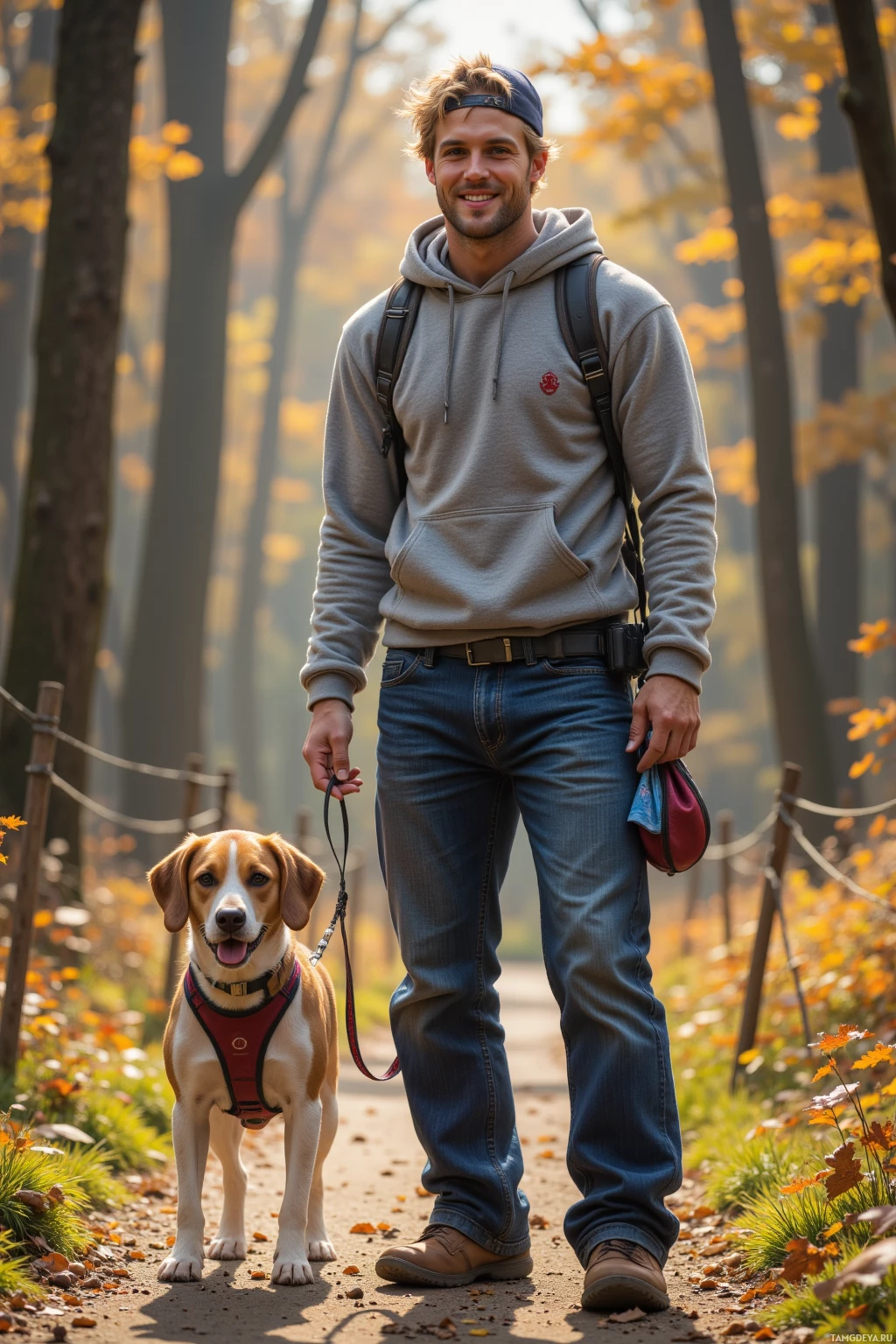A man walks a dog on a leash in a forested area with autumn foliage.