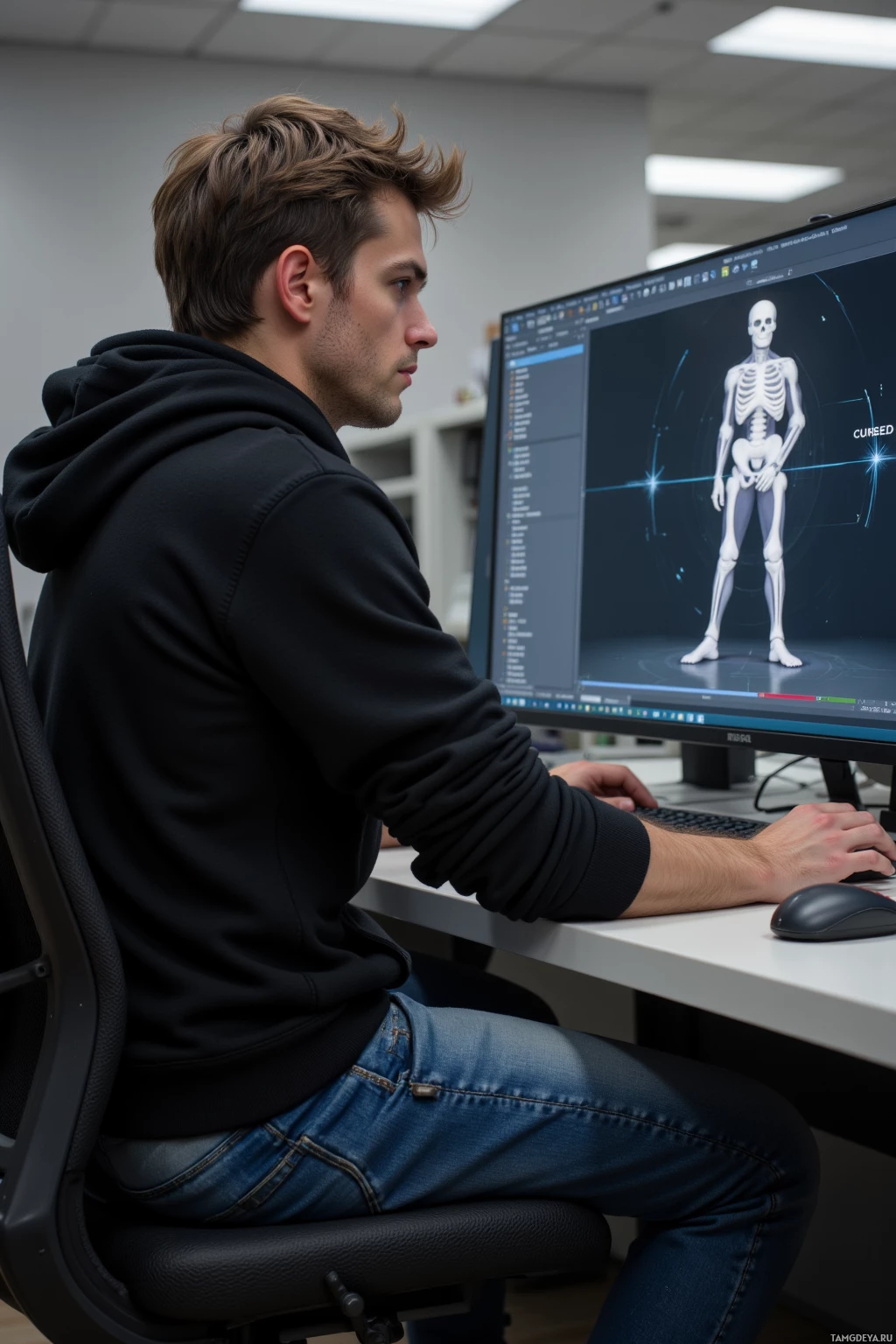 A person in a hoodie and jeans works on a computer displaying a 3D skeletal model.