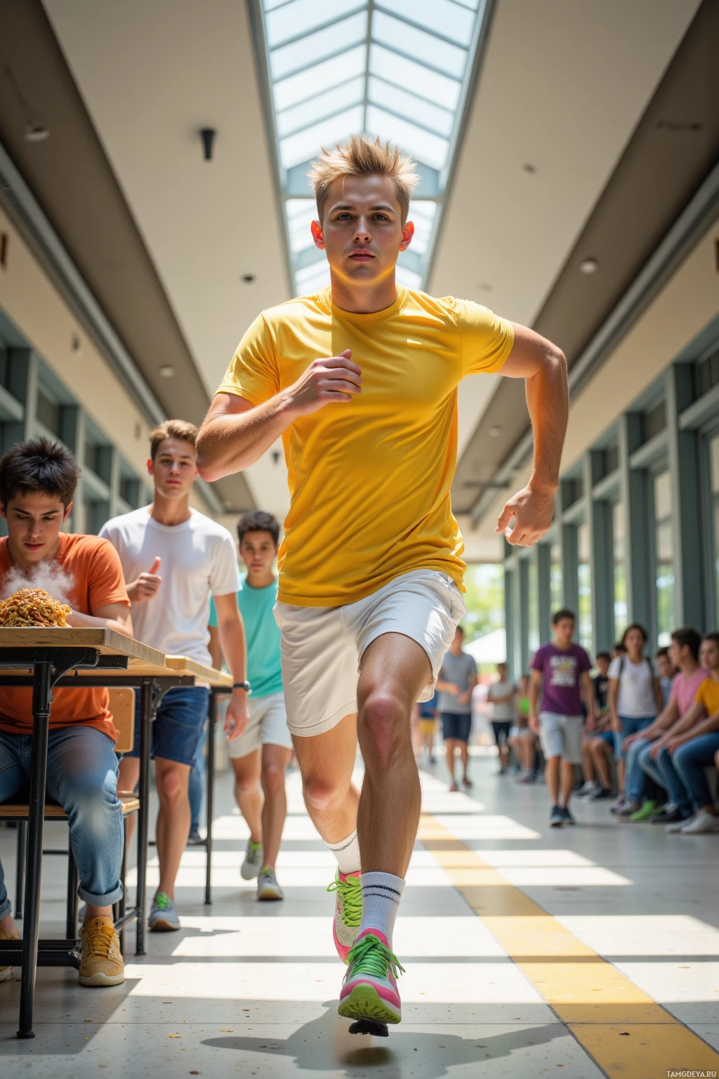 A young man in a yellow shirt runs through a school hallway as students watch.