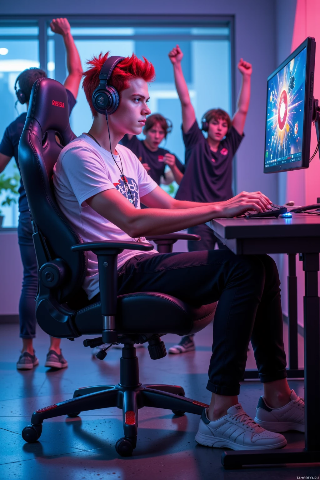 A person wearing headphones sits in a gaming chair, focused on a computer screen displaying a colorful game, with others in the background cheering.