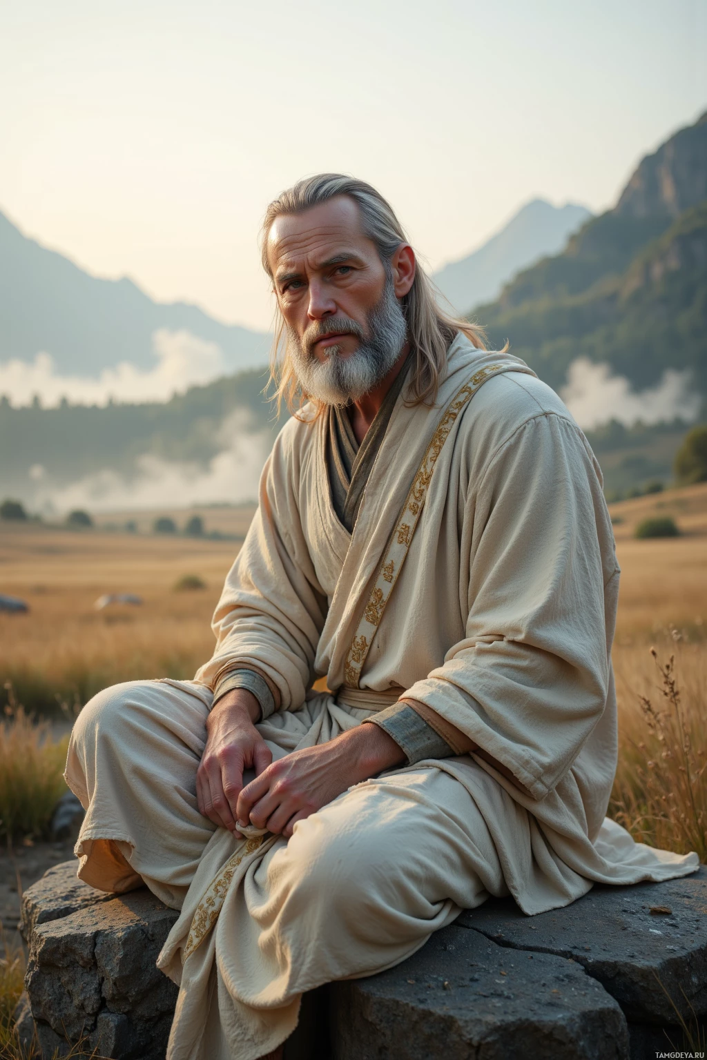 A man in a robe sits on a rock in a serene, mountainous landscape.