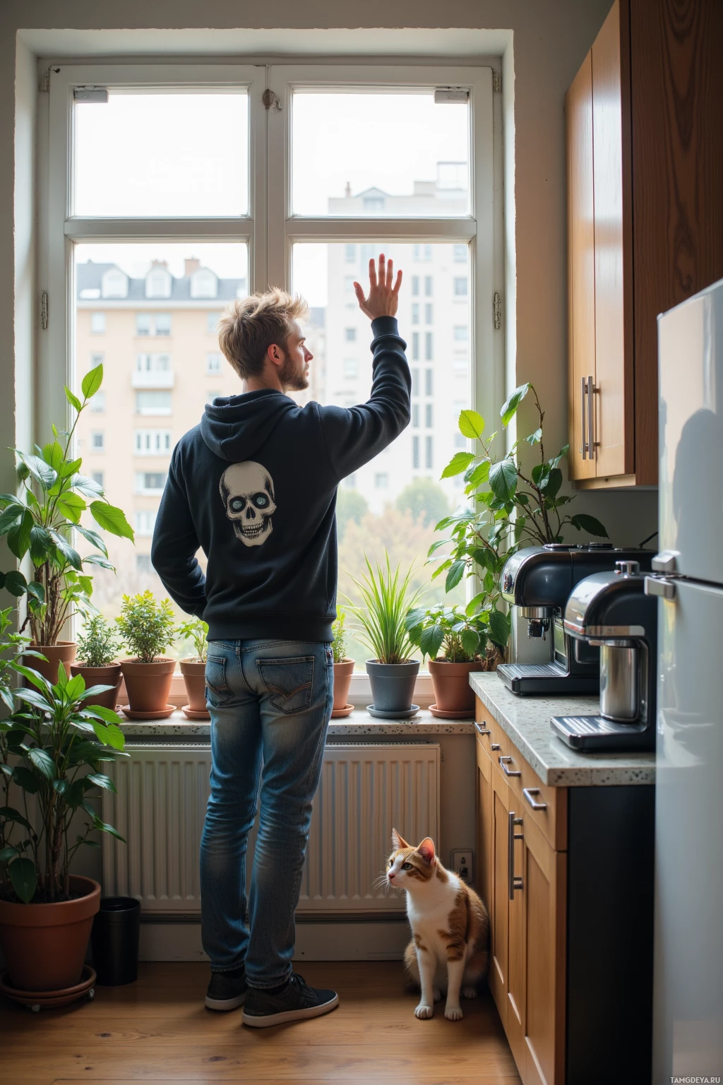 A man stands by a window in a kitchen, looking out, with a cat sitting nearby.