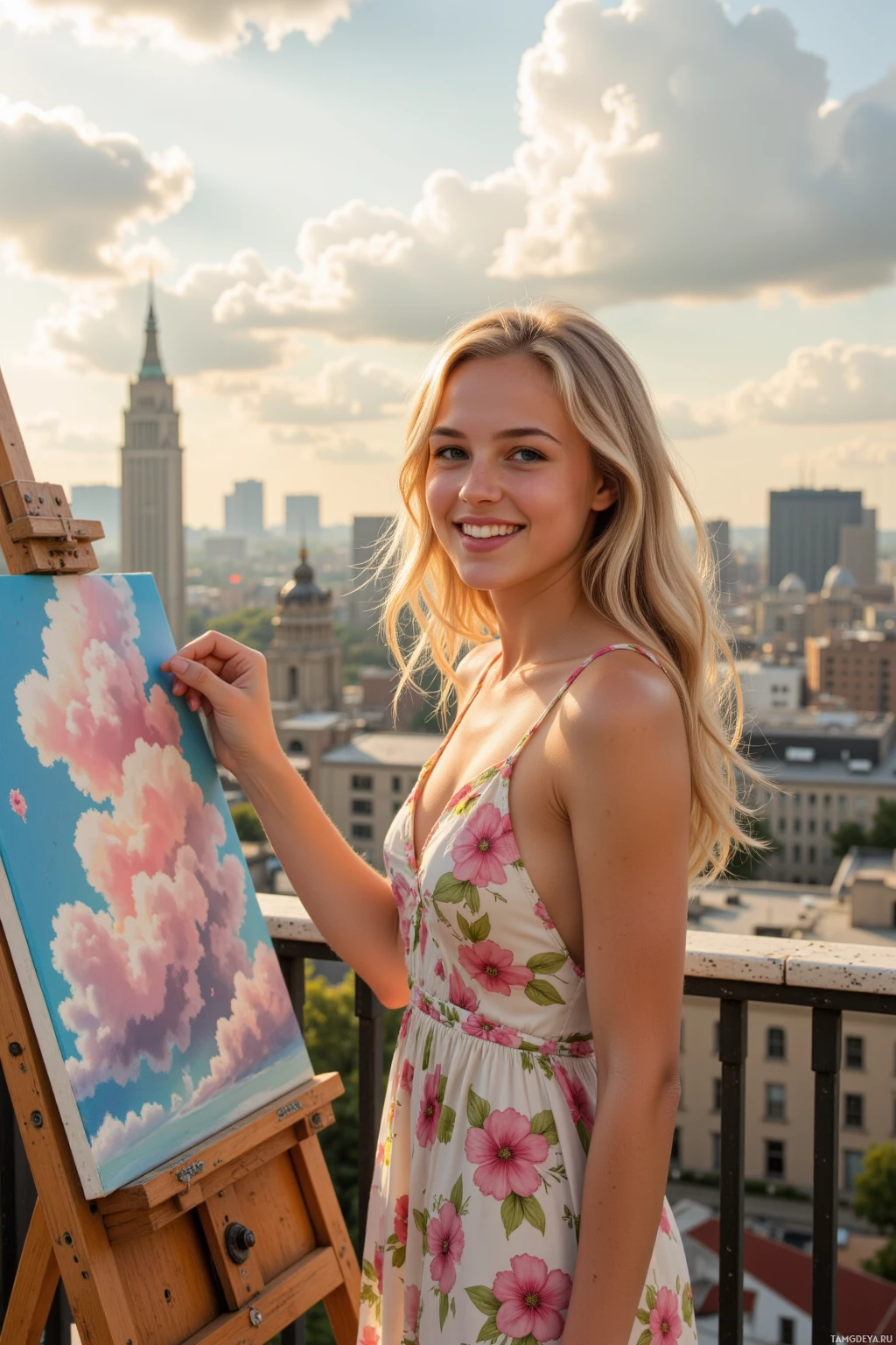 A woman in a floral dress stands on a rooftop, holding an easel with a painting of clouds.