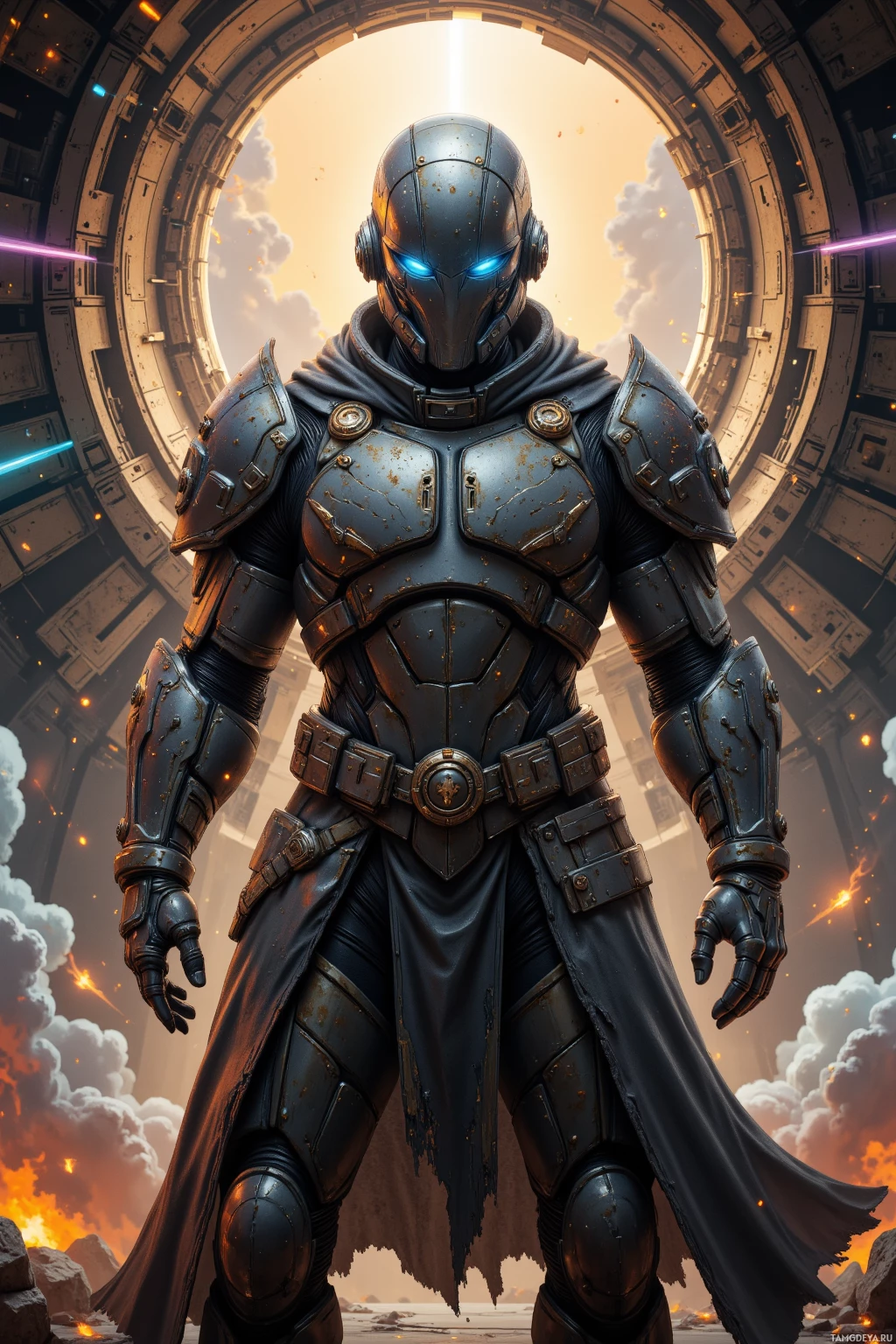 A futuristic armored figure stands in a circular portal with glowing blue eyes and a cape.