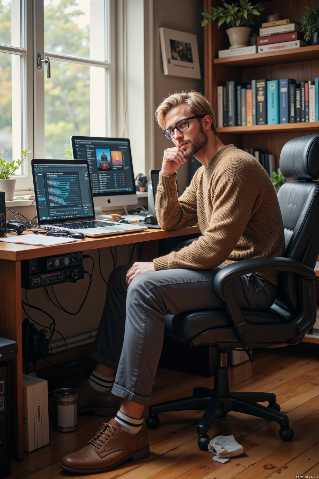 A man sits at a desk in a home office, surrounded by books and technology.