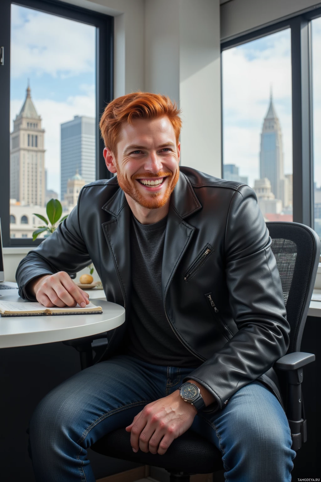 A man with red hair and a beard smiles while sitting in an office with a cityscape view.