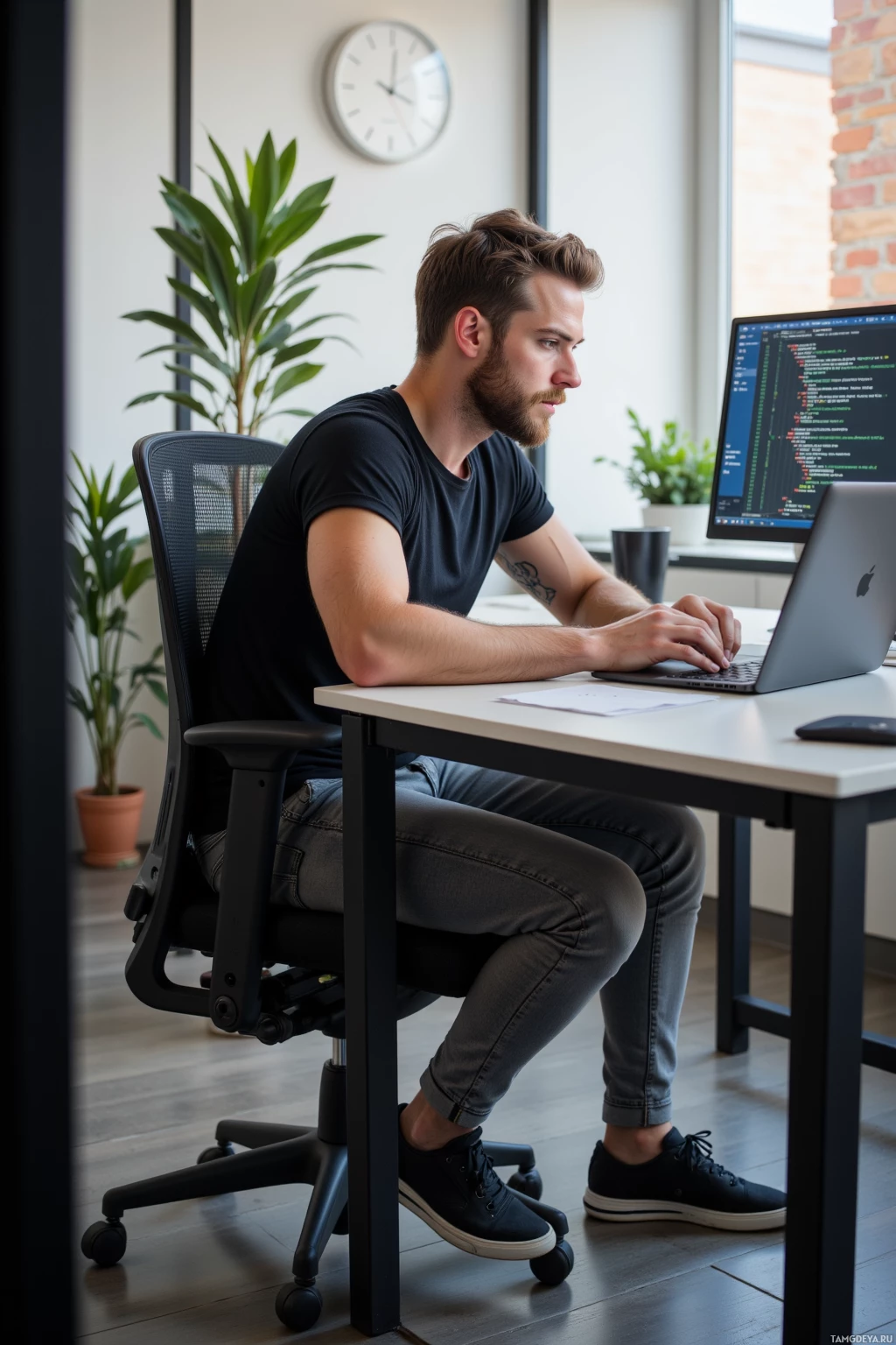 A man is sitting at a desk working on a laptop in a modern office setting.