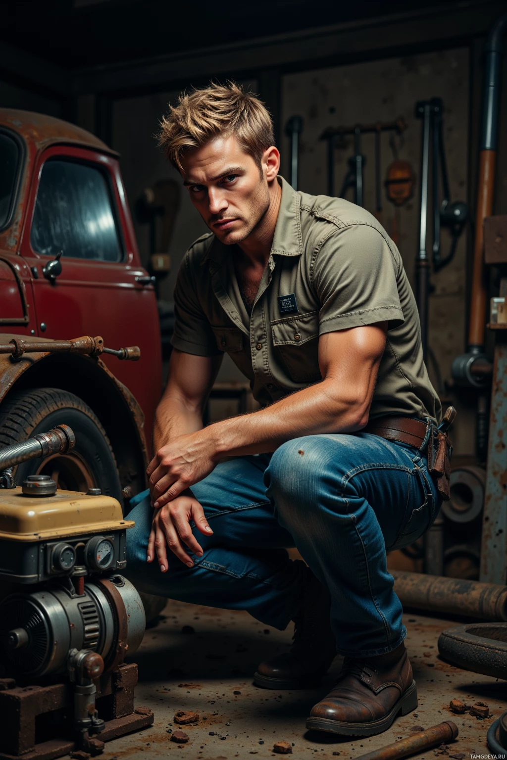 A man in a workshop setting, squatting near a vintage vehicle and machinery.