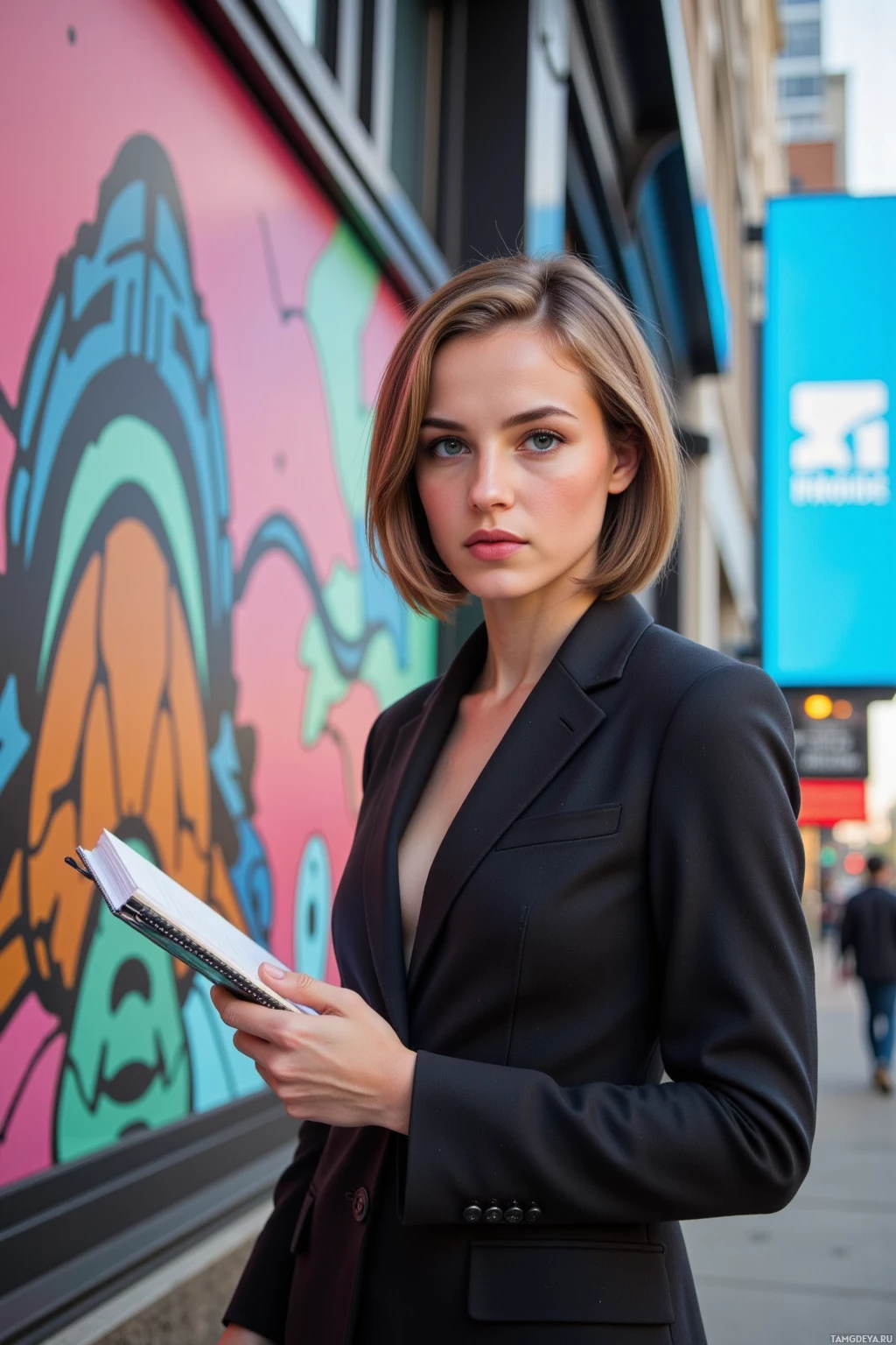 A woman in a black blazer stands in front of a colorful mural, holding a notebook.