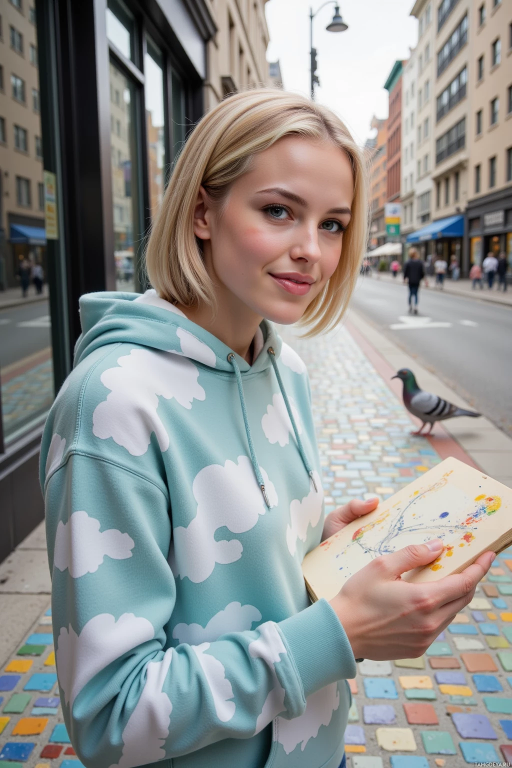 A person wearing a cloud-patterned hoodie stands on a sidewalk holding a colorful book.