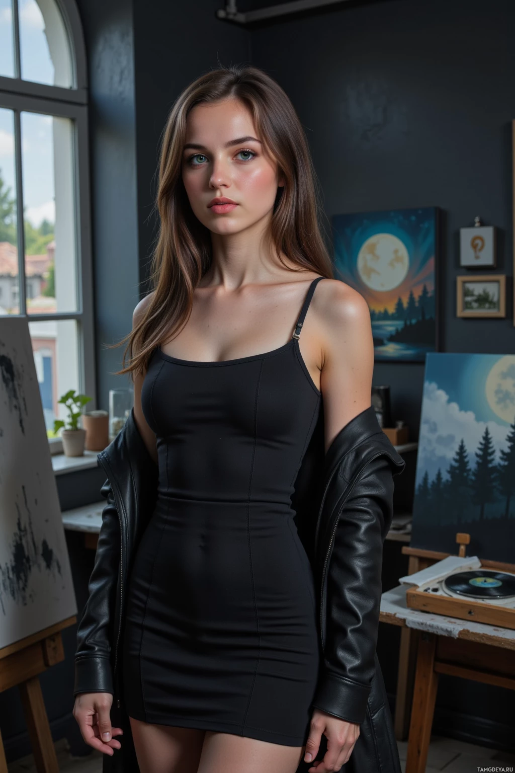 A woman in a black dress stands in a room with artwork and a window.