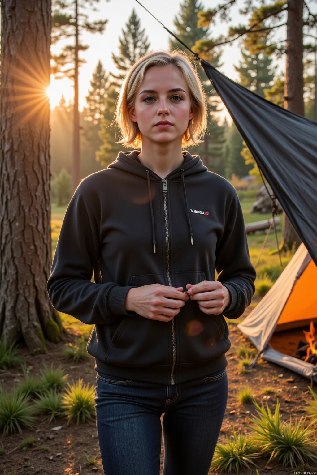 A person stands outdoors in a forest setting, wearing a dark hoodie and jeans, with a tent and hammock visible in the background.